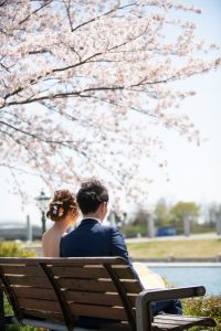 ロケーションフォトウェディング　洋装　桜　お座りショット　バックショット