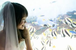 ロケーションフォトウェディング　水族館　洋装　ウェディングドレス　ベール