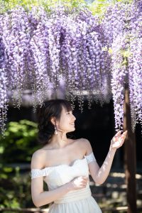 ロケーションフォトウェディング　洋装　藤棚　北方文化博物館