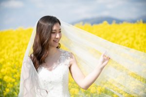 ロケーションフォトウェディング　菜の花畑　ベール　洋装　ウェディングドレス