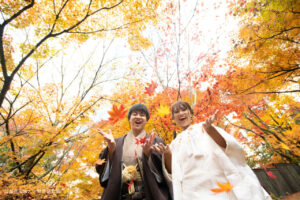 紅葉ロケーションフォト　中野邸記念館　日本庭園　和装　白無垢