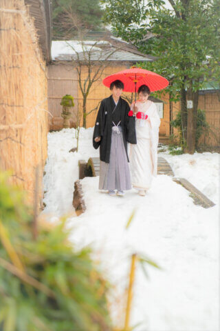 フォトウェディング　前撮影　新潟　新発田　市島邸　和婚　和装　白無垢　花嫁　ロケフォト　結婚式　冬　雪