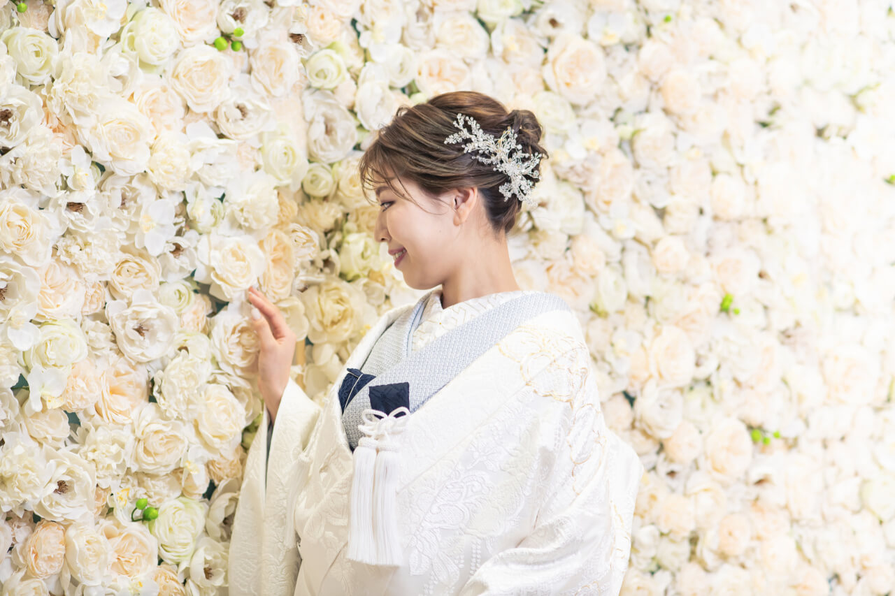 ウェディングフォト 韓国風フォト フラワーウォール 前撮影 花嫁 新潟 新発田 結婚式 和婚 白無垢