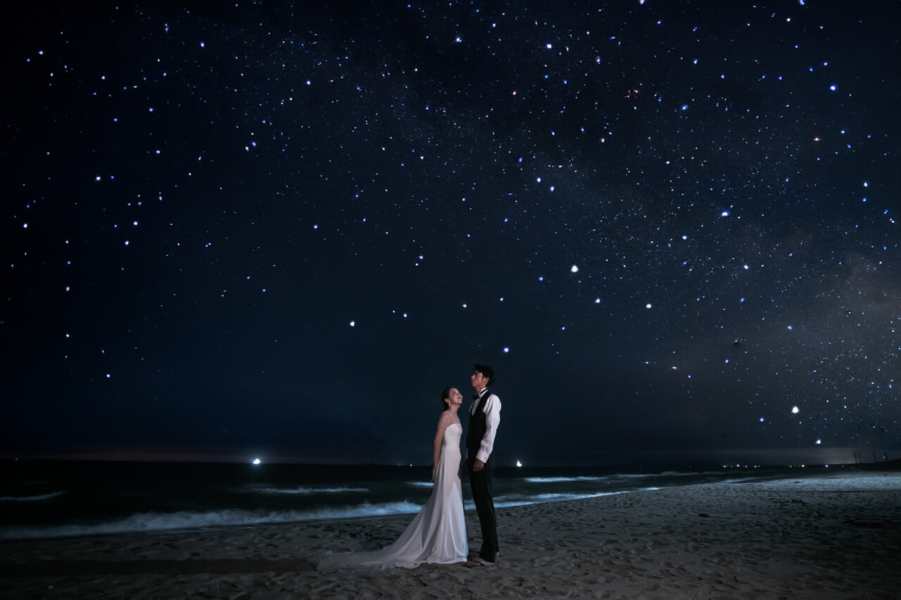 フォトウェディング 新潟県胎内市 村松浜 海 星 星空 結婚式 花嫁