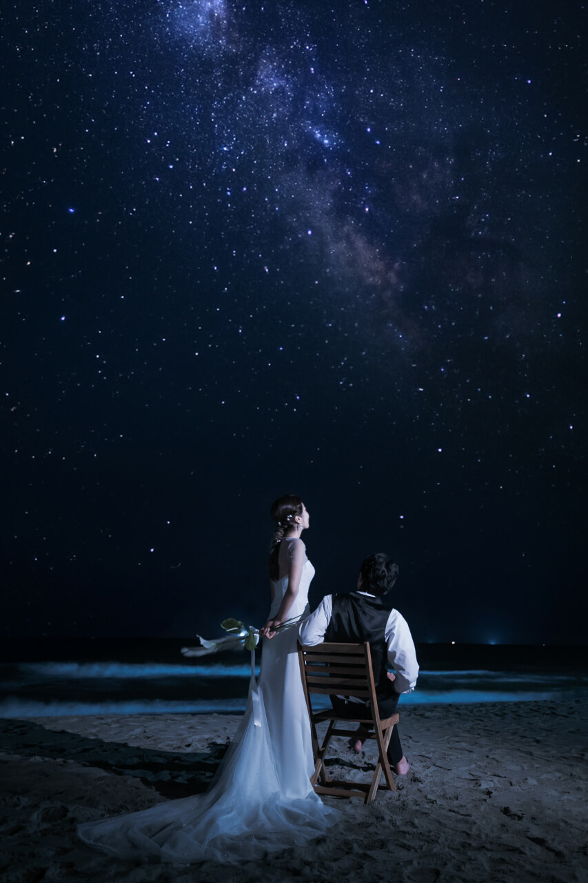 フォトウェディング 新潟県胎内市 村松浜 海 星 星空 結婚式 花嫁