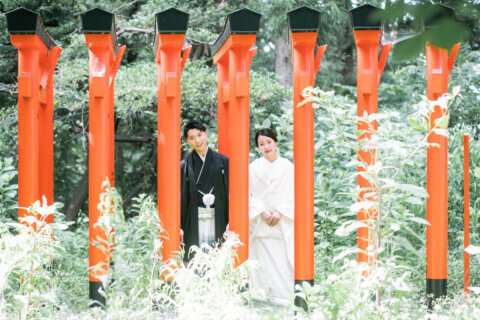 新発田の大友稲荷奥之院で朱色の鳥居を歩く白無垢の花嫁と紋付袴の花婿
