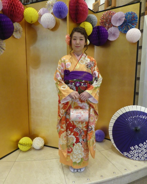 2017-26　成人式振袖　オレンジ　編み込みヘア