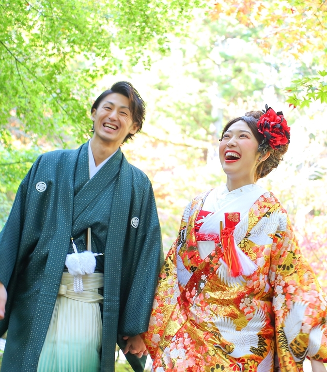 緑　グリーン　新郎　和装　花嫁和装　日本の花嫁　ゴールド　打掛